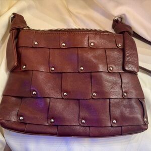 B. Makowsky Chestnut Brown Studded Leather Crossbody Bag